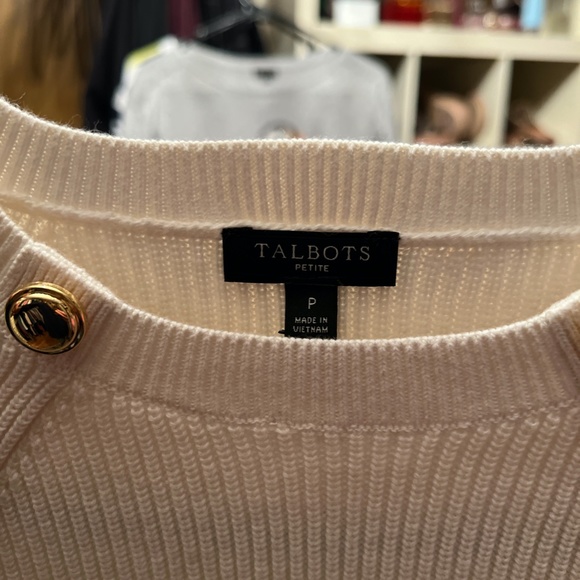 Talbots, Size Petite P, Blue and cream sweater with gold buttons - Picture 2 of 4